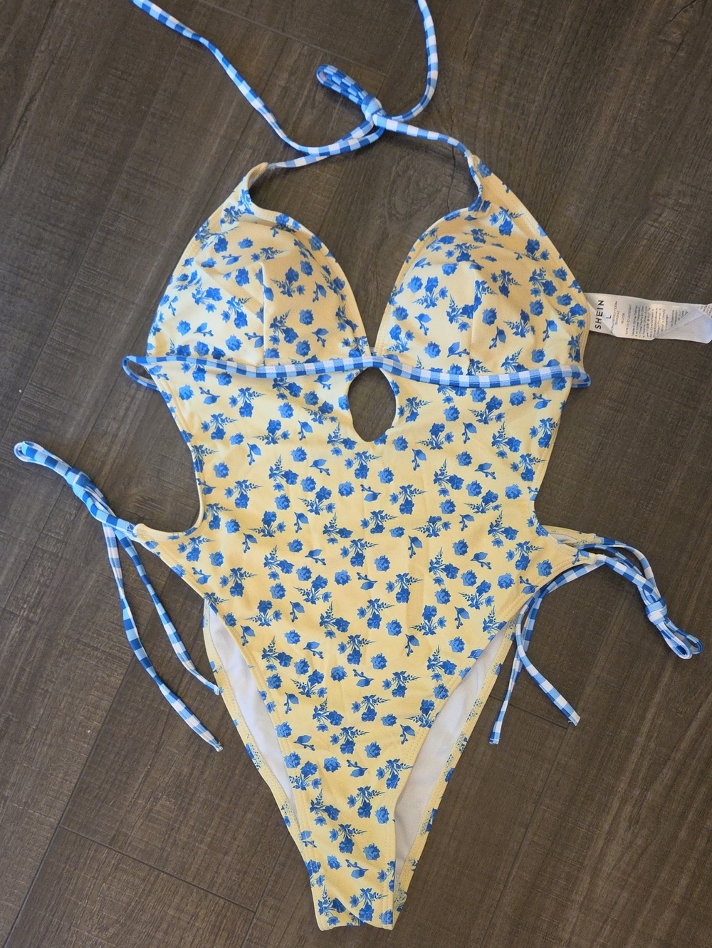 SHEIN Yellow One-Piece Swimsuit with Blue Floral Print and Gingham Trim